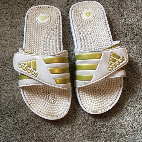 white and gold adidas slides